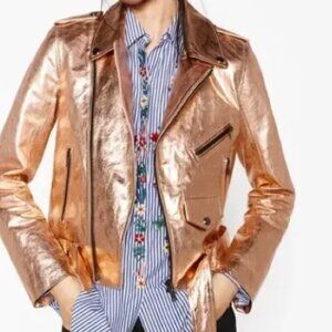 Bloggers love NWT Zara shimmering rose gold leather belted motorcycle jacket XL